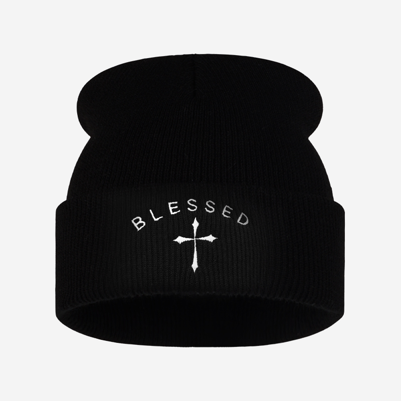 Beanie Cuffed Knit - Topi Rajut Bersulam Salib, Topi Musim